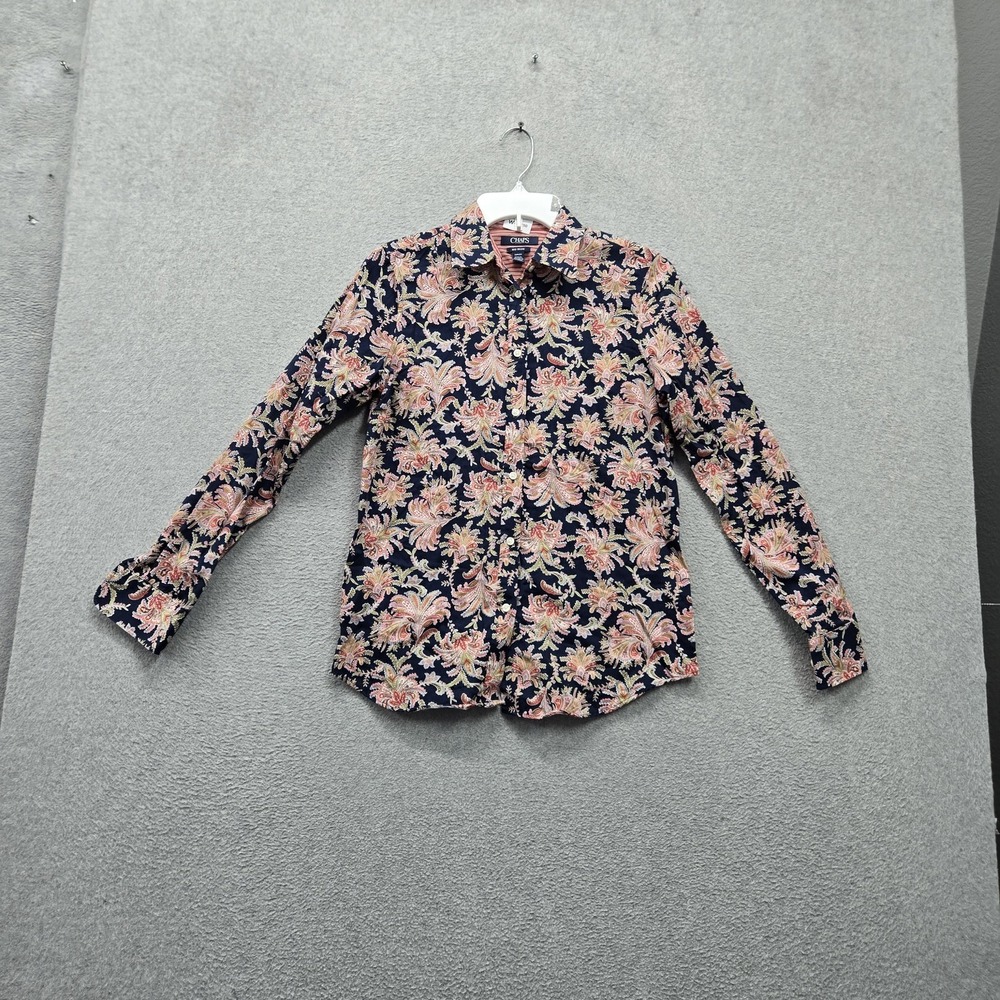 Chaps Women Button Up Shirt S Navy Floral No Iron Long Sleeve Collar Casual